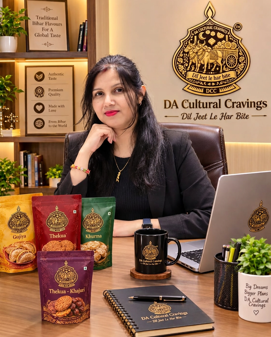 Da Cultural Cravings founder at her desk with the four offered sweet pouches